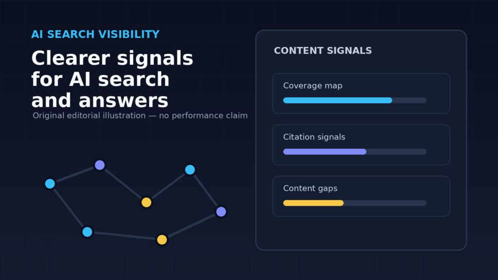 Abstract SaaS dashboard illustrating AI search visibility and content signals