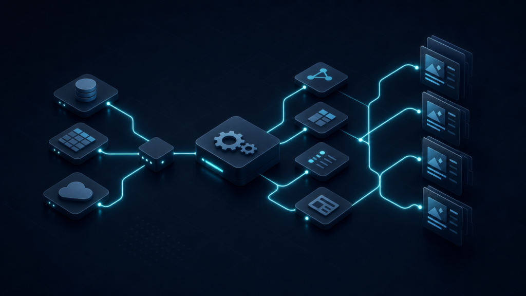 Isometric diagram of software data sources flowing through a processing hub to dashboard panels