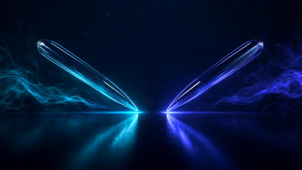 Two glowing translucent pens, cyan and violet, angled toward each other