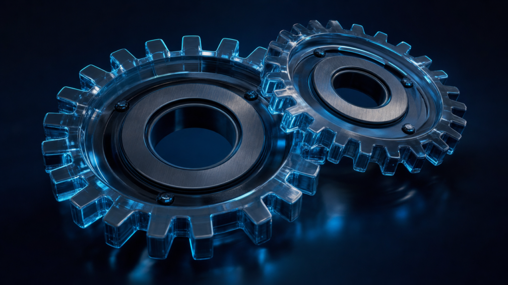 Two interlocking blue translucent gears on a dark reflective surface